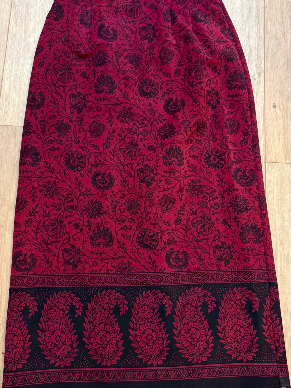 Briggs New York Burgundy and Black Floral Border Maxi Skirt